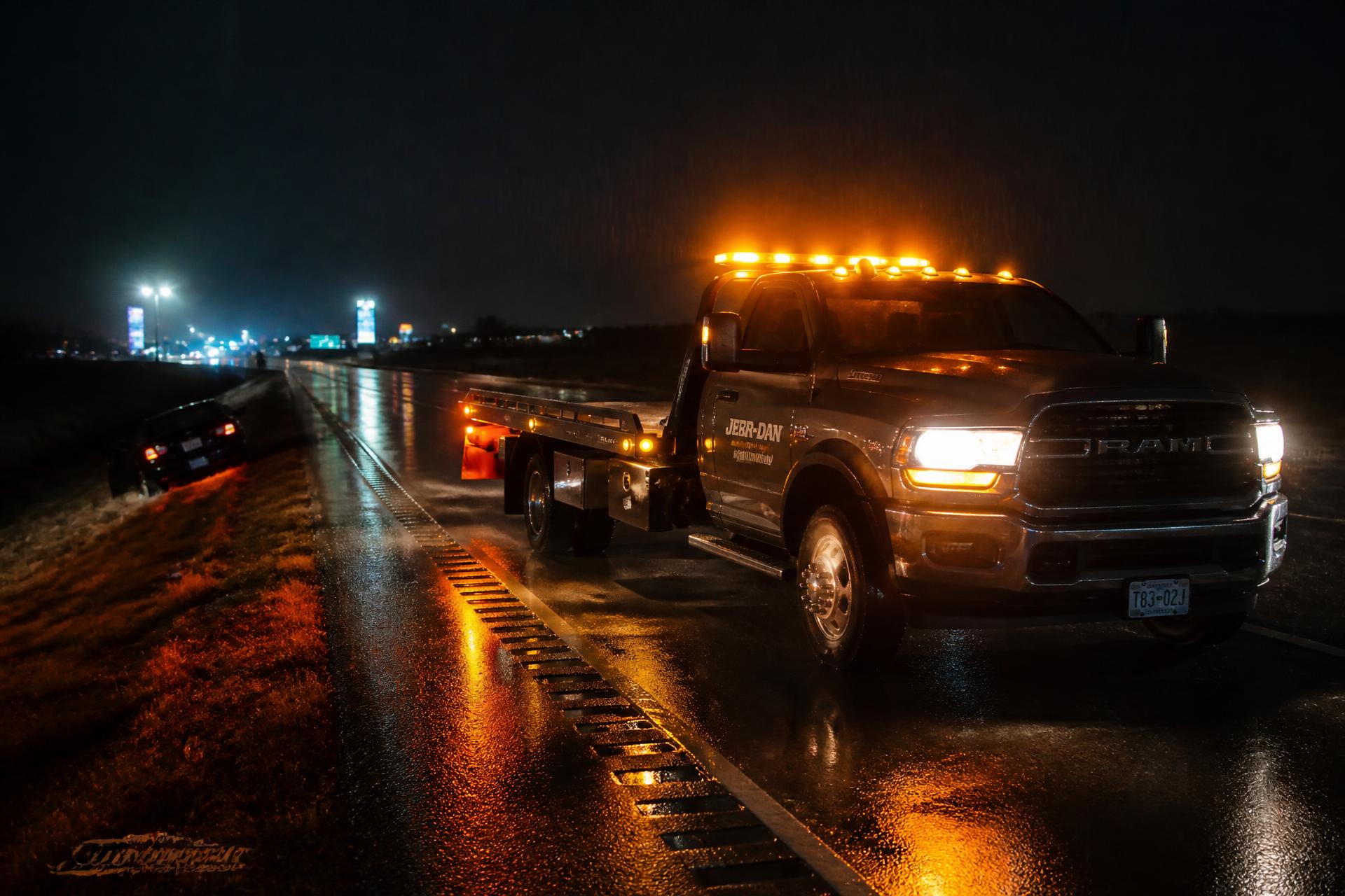 Tow truck with amber warning lights assisting a vehicle on a rain-slicked highway at night