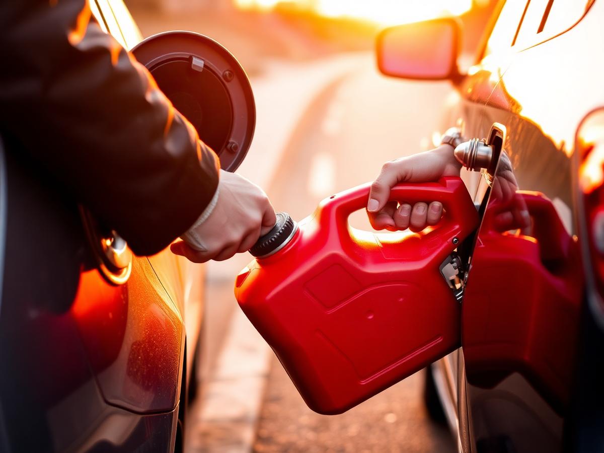 Fuel being poured from a red gas can into a car tank on the roadside