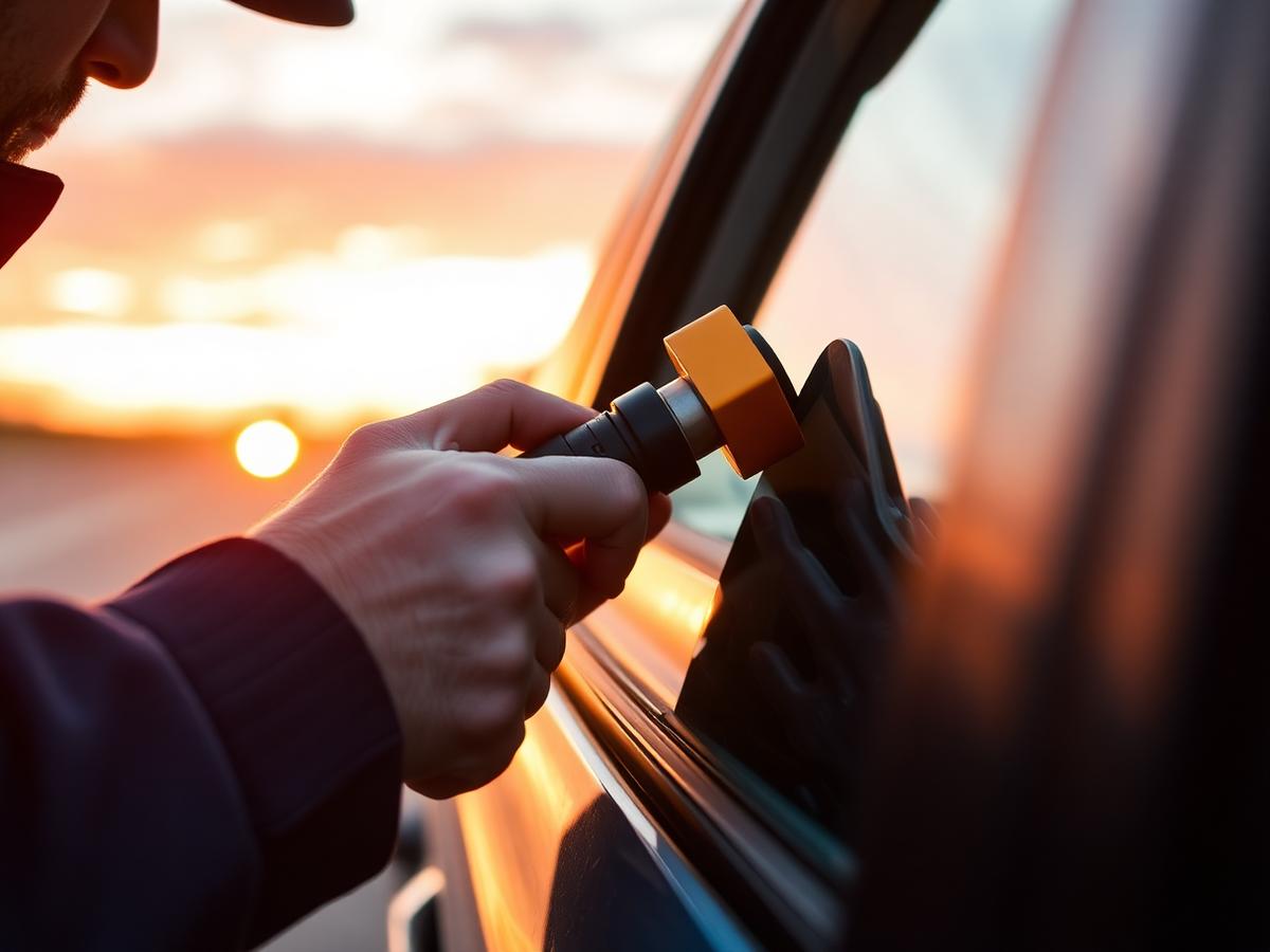 Technician using a no-damage lockout tool on a car door at dusk