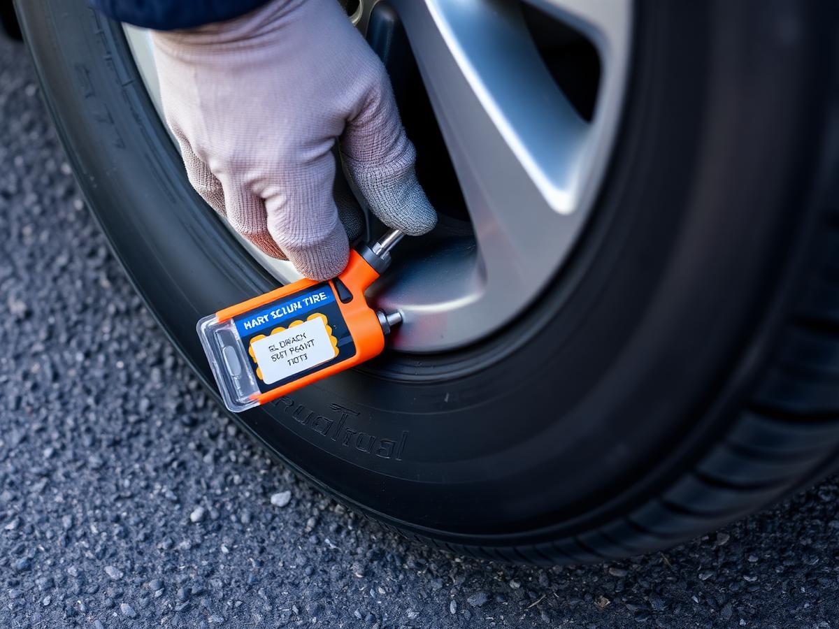 Gloved hands repairing a punctured car tire with a plug kit