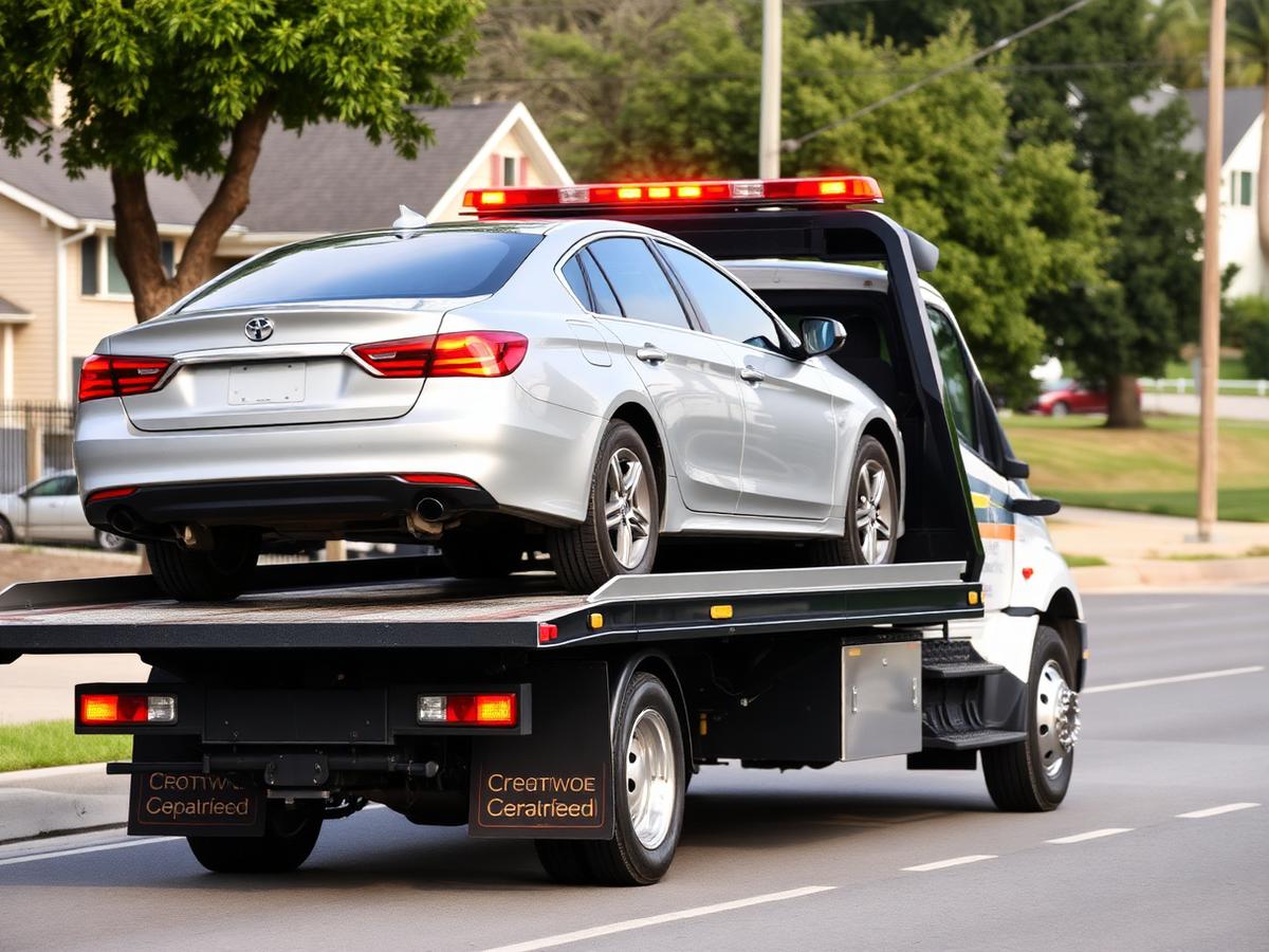 Flatbed tow truck loading a silver sedan on a suburban street